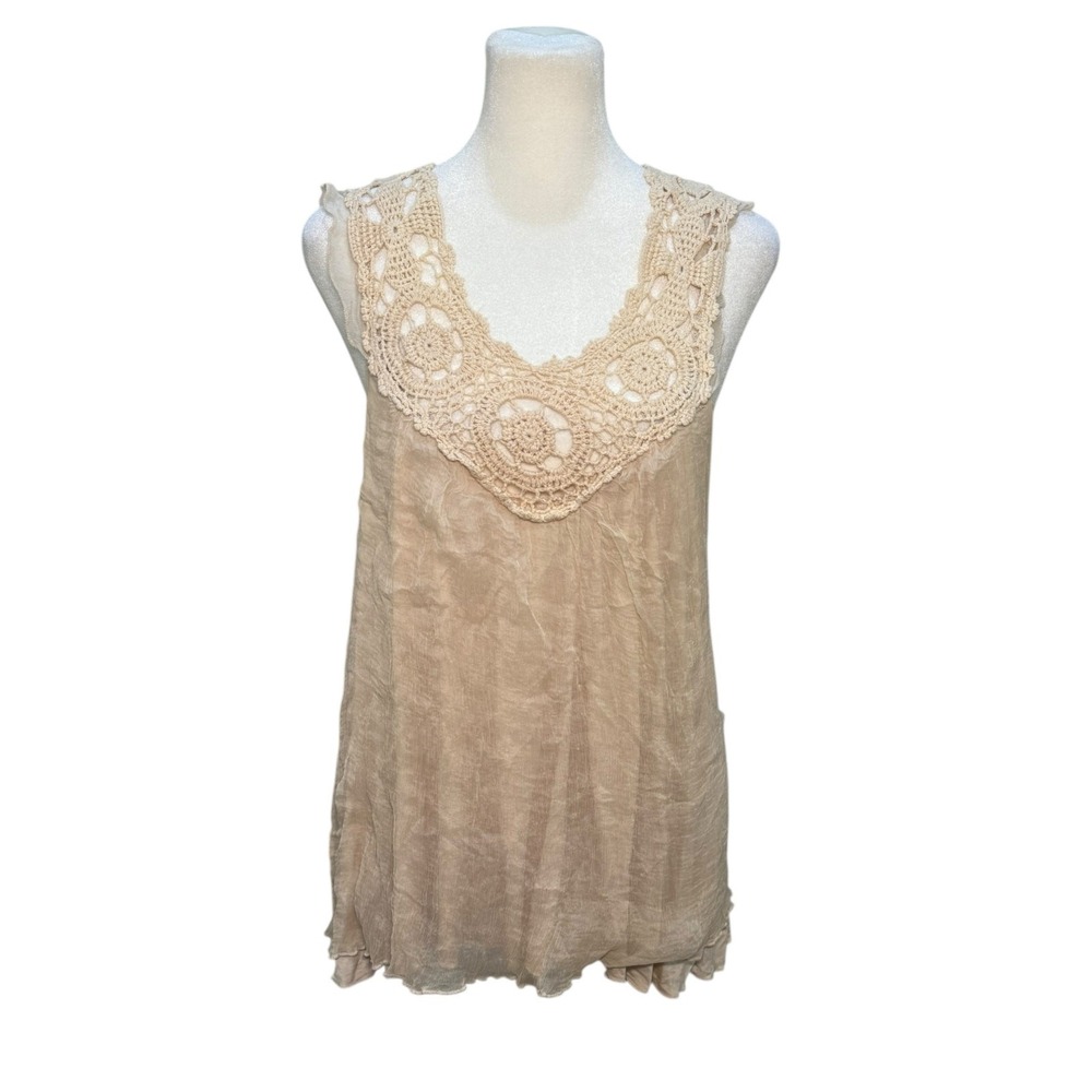 Vintage Y2K Boho Crochet Lace Babydoll Tank Top Women M Silk Beige Festival - Picture 11 of 13